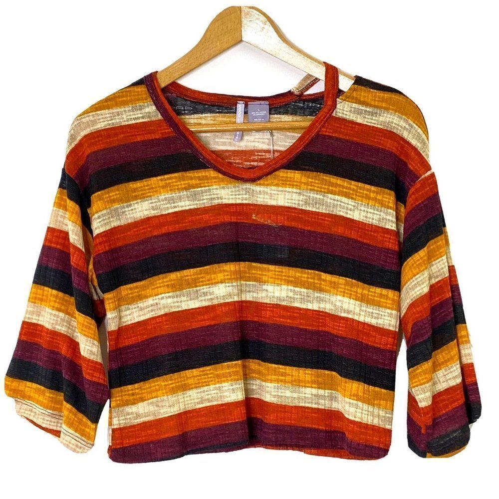 Good Luck Girl Cut Out Loose T Tee Shirt size Large Mustard Striped Ribbed Knit